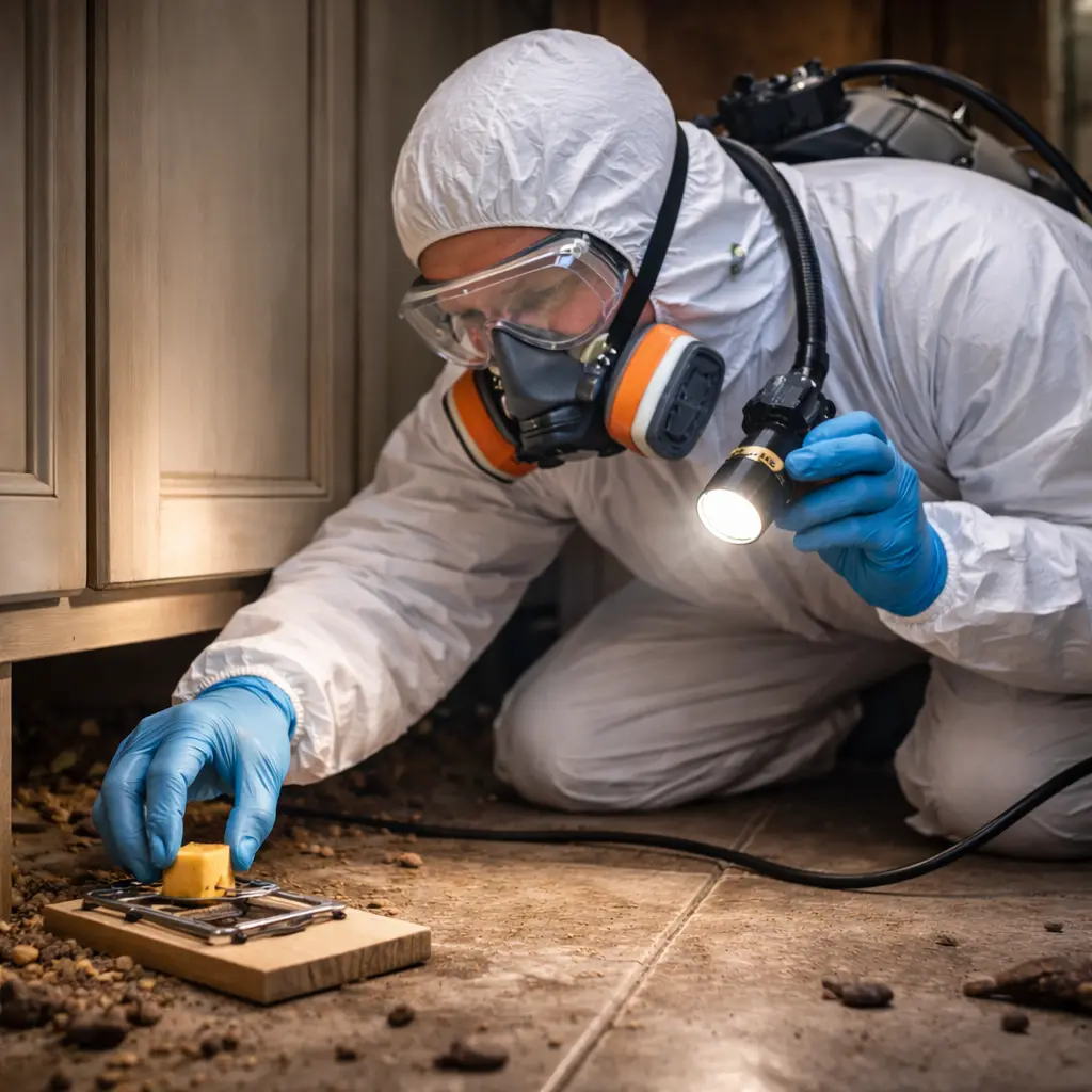 The pest men team member is doing rodent control in Menifee, CA